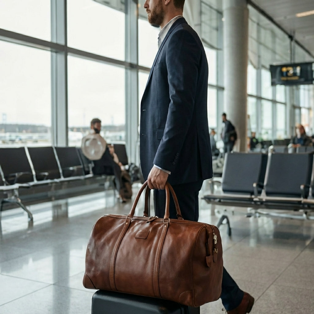 Man at airport with duffel