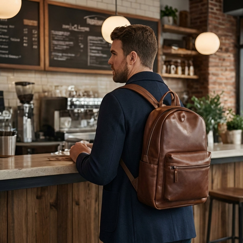 Man at cafe with backpack