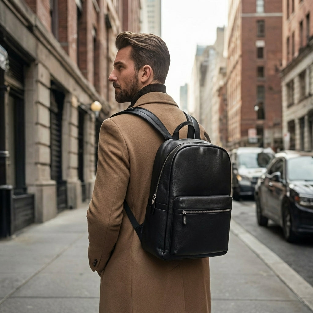 Man with leather backpack in city