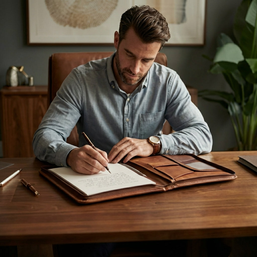 Man writing at desk with portfolio