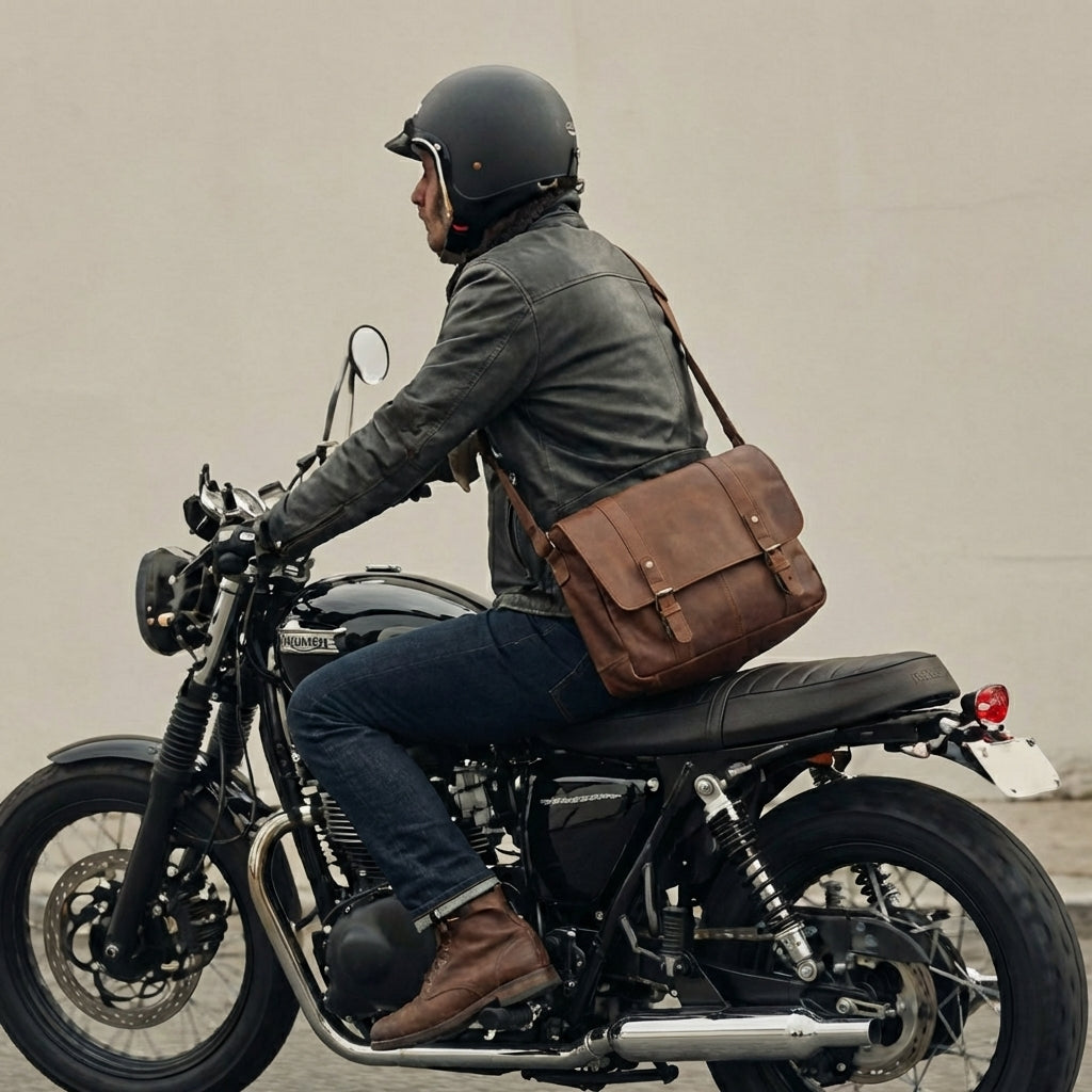 Man on motorcycle with messenger bag
